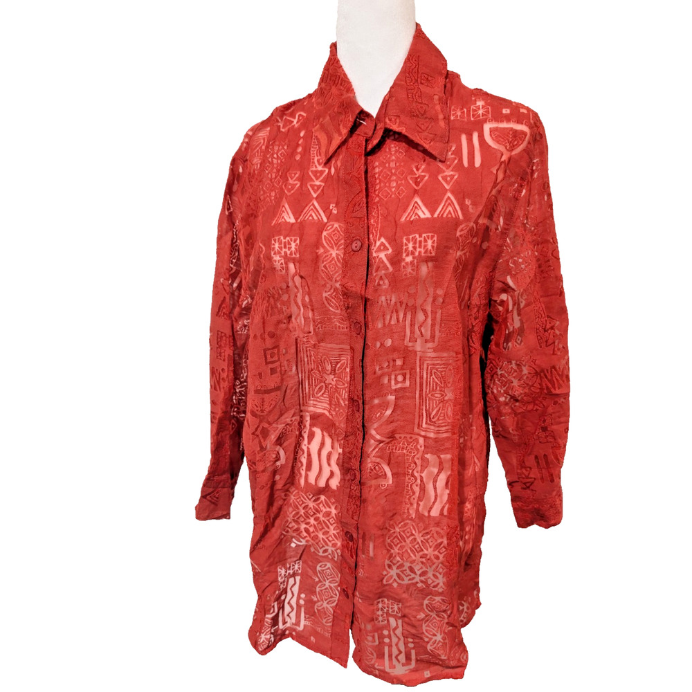 Alfred Dunner Women's Size 16W Red Burnout Blouse Shirt Top Tunic Layer Look EUC